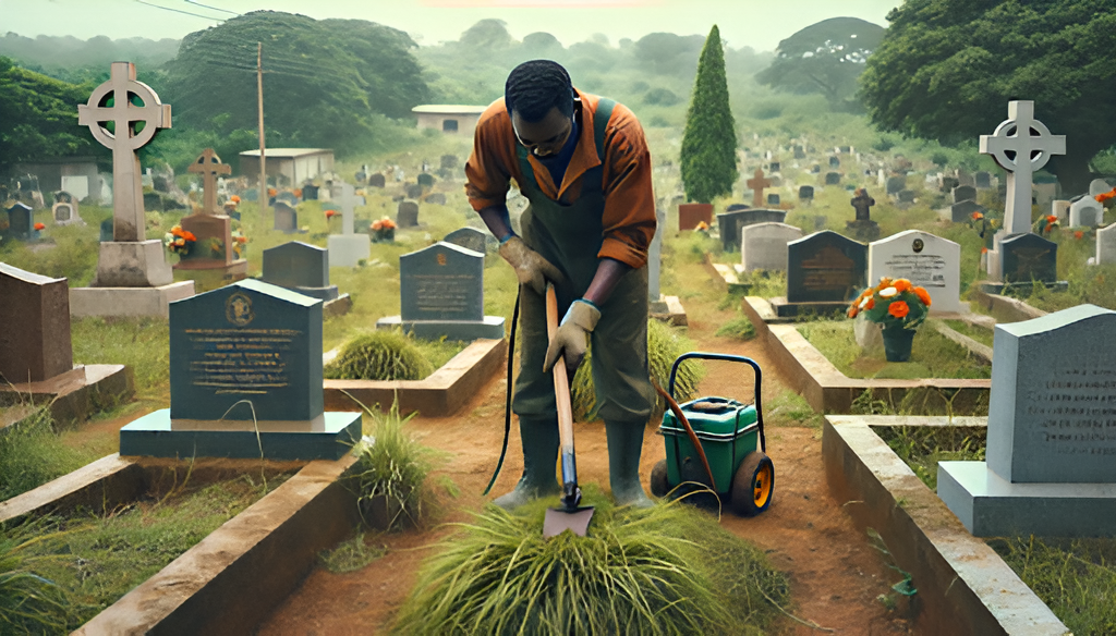 a person respectfully cleaning or maintaining a grave site, with a calm background picsart aiimageenhancer