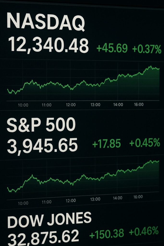a stock market trading screen showing nasdaq, s&p 500, and dow jones performance.