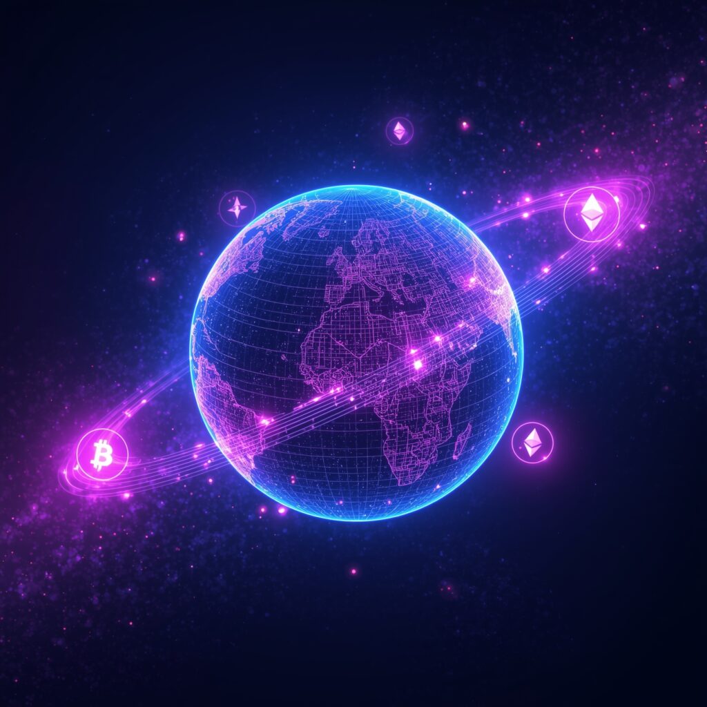 futuristic artwork of digital currency symbols (bitcoin, ethereum, stablecoins) orbiting around a glowing globe (2) futuristic artwork of digital currency symbols (bitcoin, ethereum, stablecoins) orbiting around a glowing globe (2)