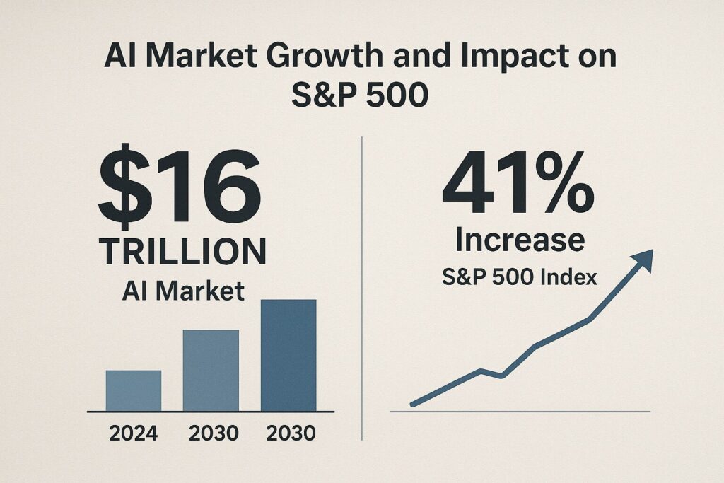 infographic showing projected $16 trillion ai market growth and its impact on the s&p 500