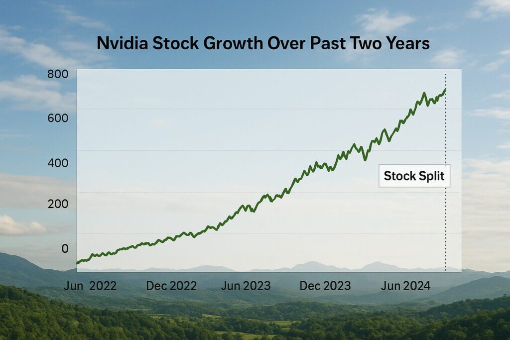 line chart showing nvidia’s stock growth over the past two years, highlighting the june 2024 stock split.