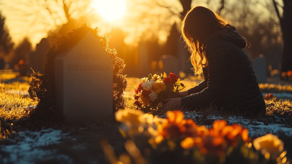 peaceful sunset over a well kept cemetery, symbolizing care and respect