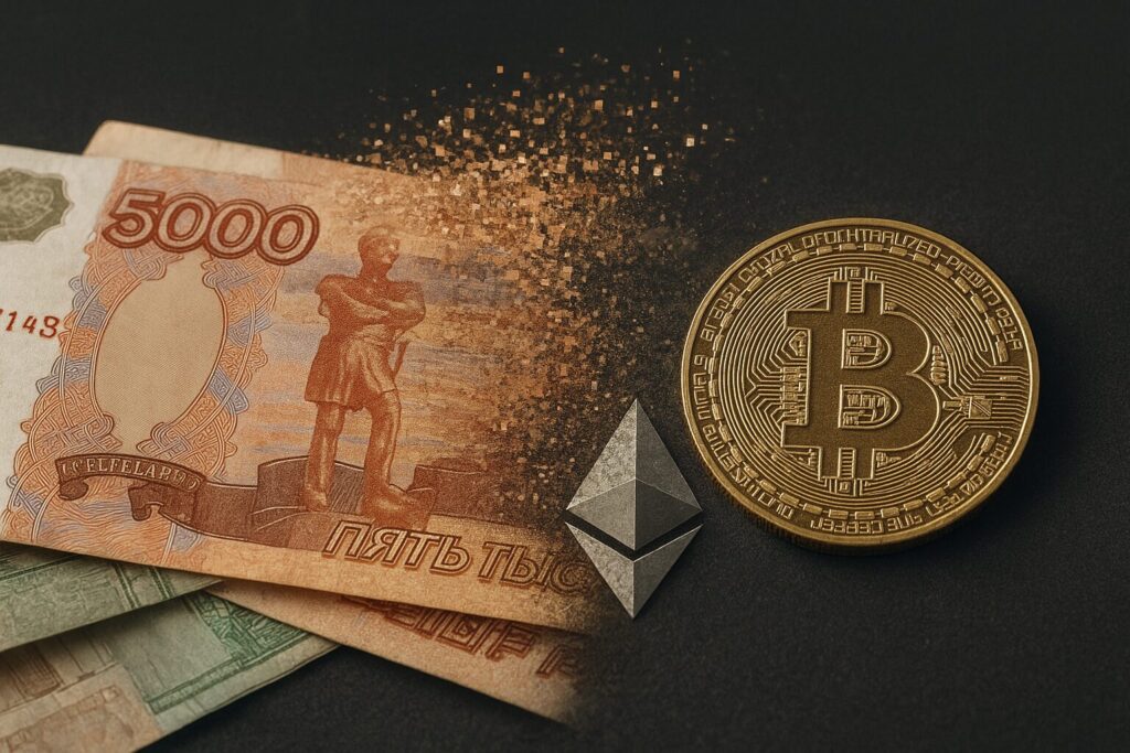 russian ruble notes dissolving into bitcoin and ethereum logos. russian ruble notes dissolving into bitcoin and ethereum logos.