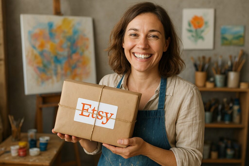 How to Turn Your Drawing & Painting Skills into Income on Etsy a happy artist holding a package ready to ship to an etsy customer