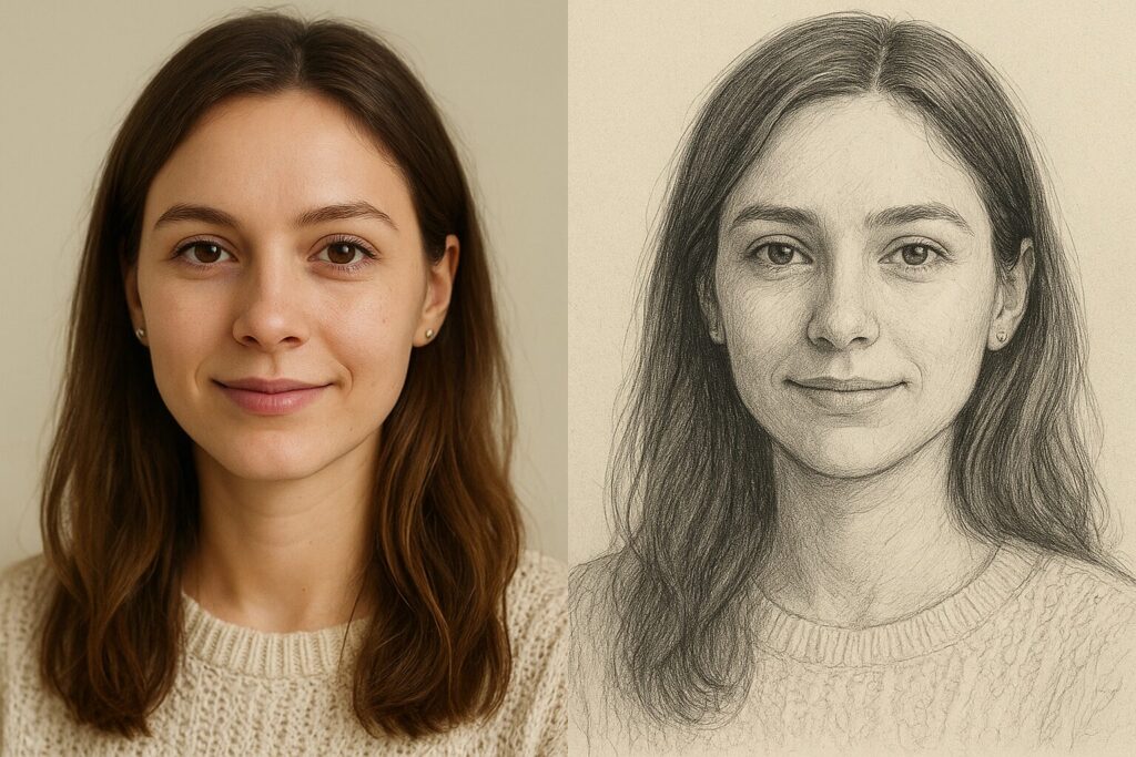How to Turn Your Drawing & Painting Skills into Income on Etsy side by side comparison of a photo and its custom hand drawn portrait